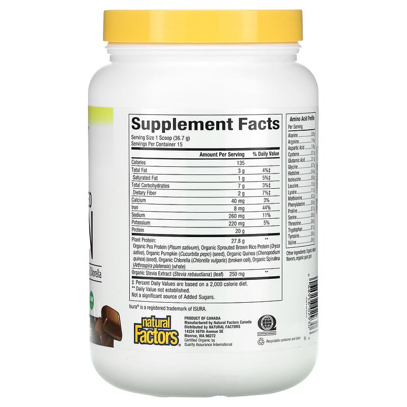 Natural Factors, Raw Organic 100% Plant-Based Protein, Decadent Chocolate, 1.2 lb (550 g) 68958029306
