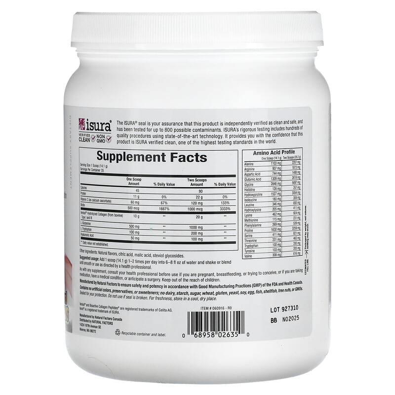 Natural Factors, Total Body Collagen, Bioactive Peptides, Pomegranate, 100 mg, 1 lb 1 oz (500 g) 68958026350