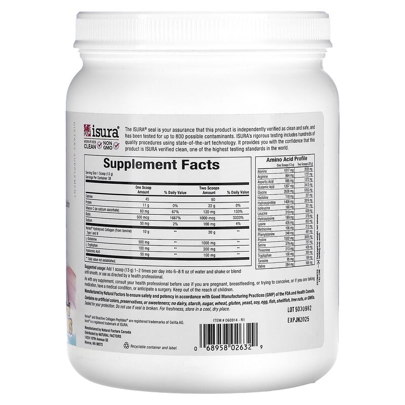 Natural Factors, Total Body Collagen, Unflavored, 1 lb 1 oz (500 g) 68958026329