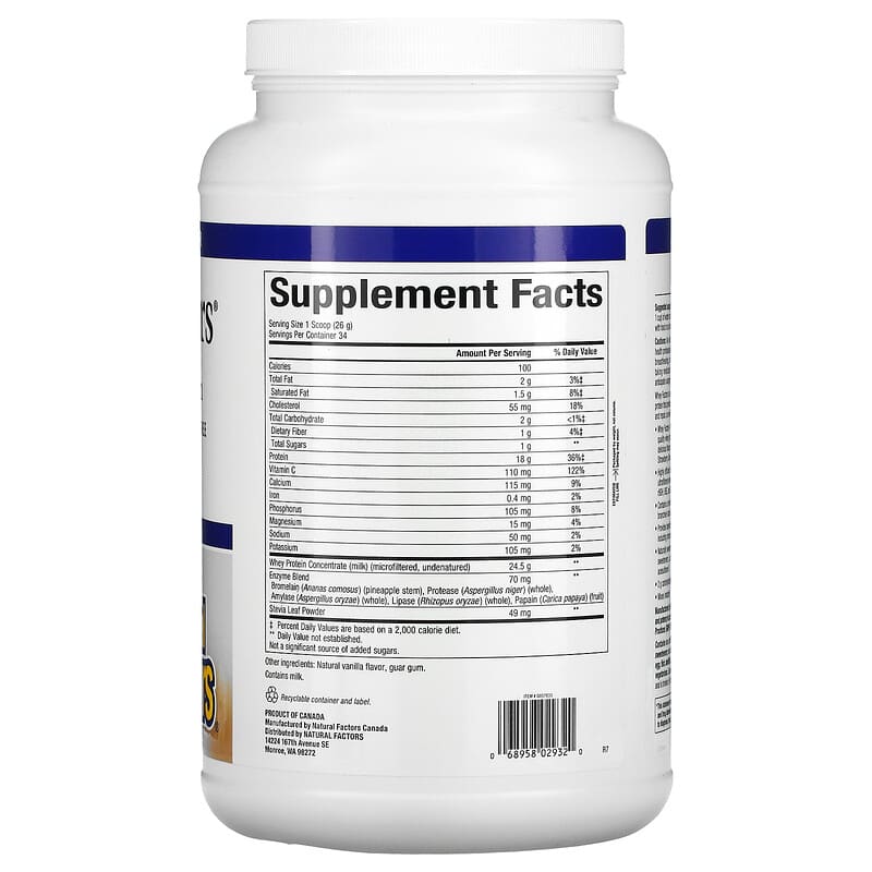 Natural Factors, Whey Factors, Grass Fed Whey Protein, Natural French Vanilla Flavor, 2 lb (907 g) 68958029320