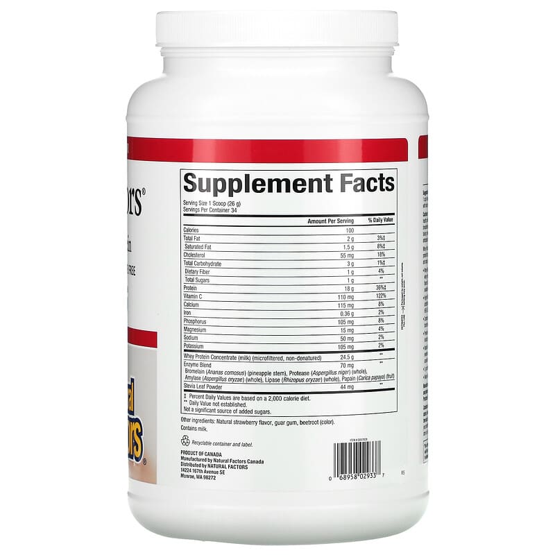 Natural Factors, Whey Factors, Grass Fed Whey Protein, Natural Strawberry, 2 lb (907 g) 68958029337