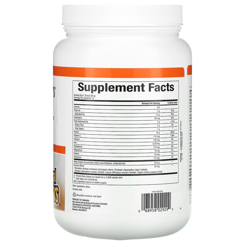 Natural Factors, Whey Factors, Grass Fed Whey Protein, Unflavored, 12 oz (340 g) 68958029290