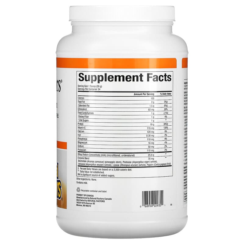 Natural Factors, Whey Factors, Grass Fed Whey Protein, Unflavored, 2 lb (907 g) 68958029351