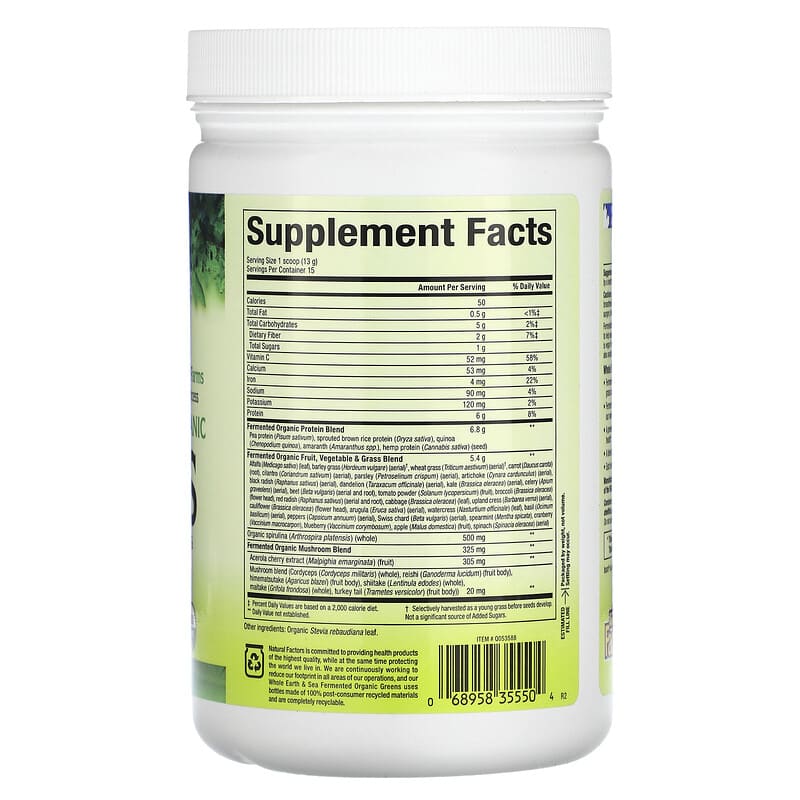 Natural Factors, Whole Earth & Sea, Greens, Unflavored, 6.9 oz (195 g) 68958355504