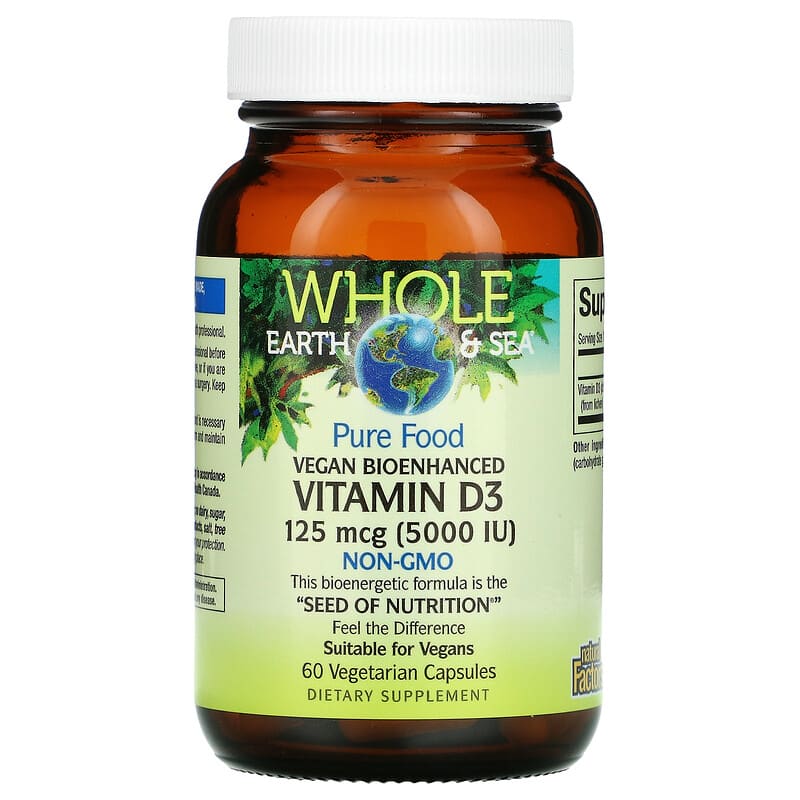 Natural Factors, Whole Earth & Sea, Vegan Bioenhanced Vitamin D3, 5,000 IU, 60 Vegetarian Capsules 68958355160
