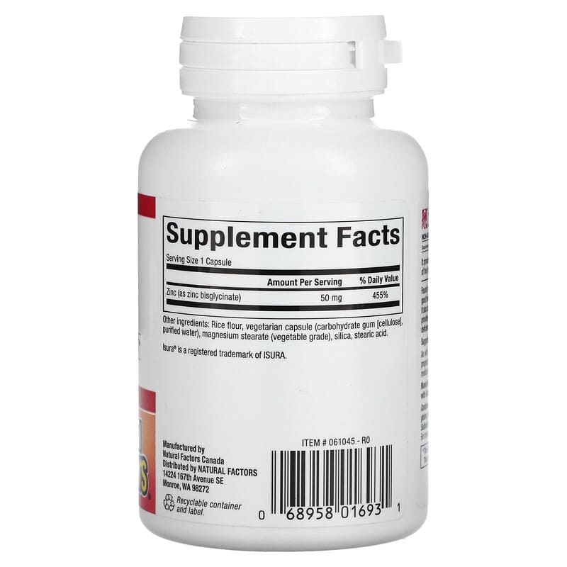 Natural Factors, Zinc Bisglycinate, 50 mg, 60 Vegetarian Capsules 68958016931