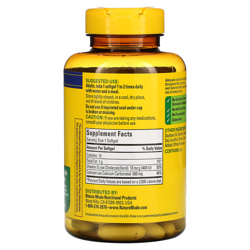 Nature Made, Calcium with Vitamin D3, 600 mg, 100 Softgels 31604025083