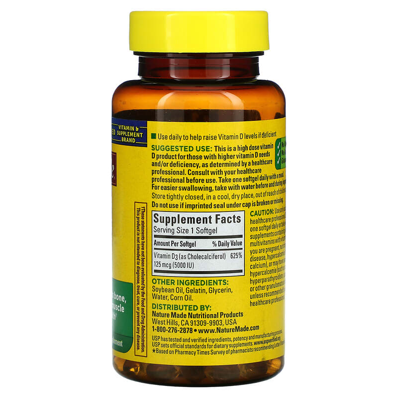 Nature Made, D3, Extra Strength, 125 mcg (5,000 IU), 90 Softgels 31604026219