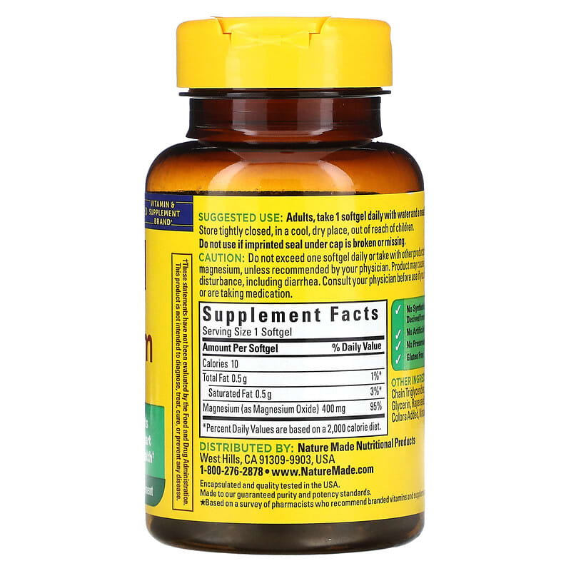 Nature Made, Magnesium, Extra Strength, 400 mg, 60 Softgels 31604025762