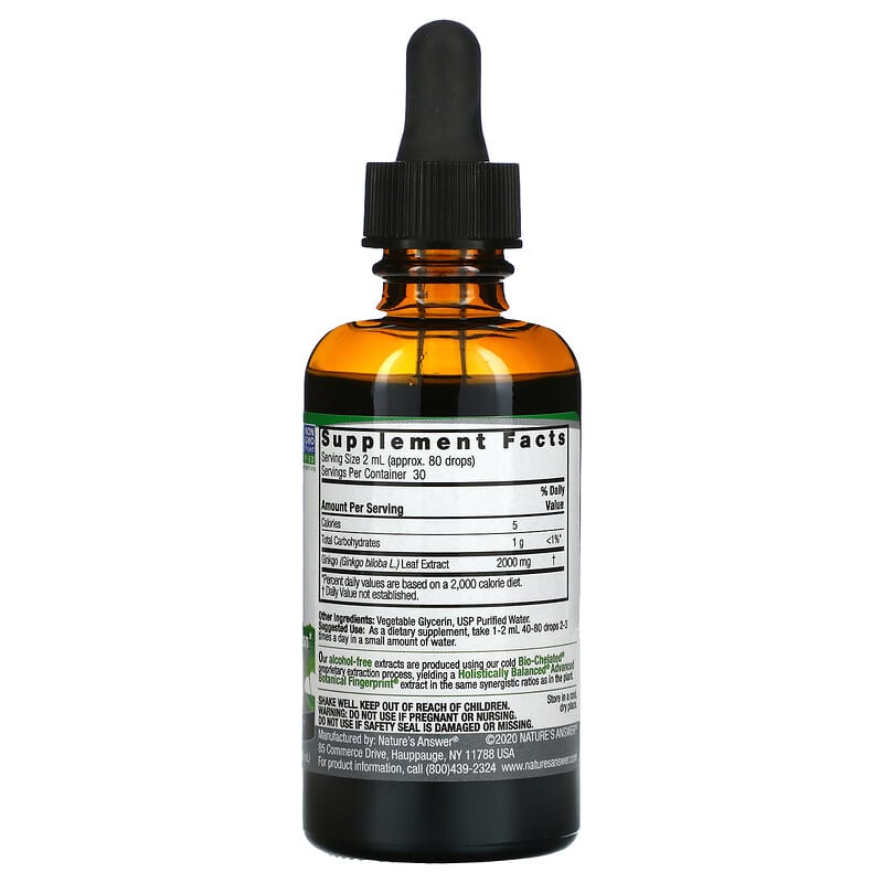 Nature's Answer, Ginkgo Leaf, Fluid Extract, Alcohol-Free, 1,000 mg, 2 fl oz (60 ml) 83000006210