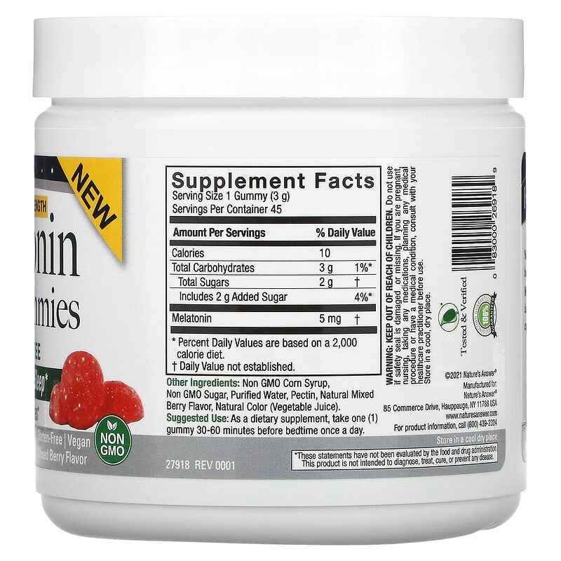 Nature's Answer, Melatonin Sleep Gummies, Extra Strength, Mixed Berry, 5 mg, 45 Pectin Gummies 83000269189