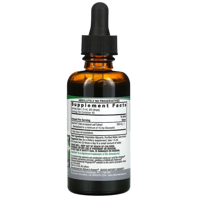 Nature's Answer, Olive Leaf Extract, Alcohol-Free, 1,500 mg, 2 fl oz (60 ml) 83000006531