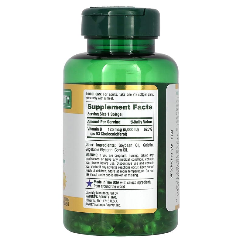 Nature's Bounty, D3, 125 mcg (5,000 IU), 240 Rapid Release Softgels 74312291760