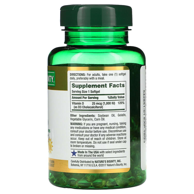Nature's Bounty, D3, 25 mcg (1,000 IU), 350 Rapid Release Softgels 74312304132