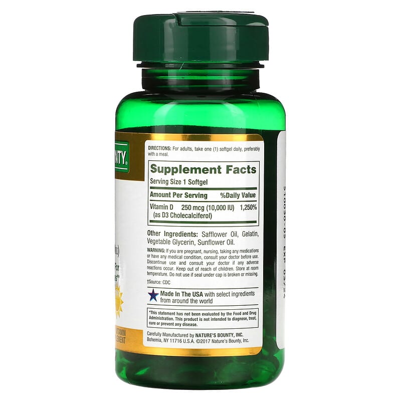 Nature's Bounty, D3, 250 mcg (10,000 IU), 72 Rapid Release Softgels 74312358739