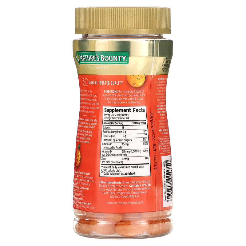 Nature's Bounty, Kid's Immune Jelly Beans, With Vitamins C & D, and Zinc, Orange, 80 Jelly Beans 74312010750
