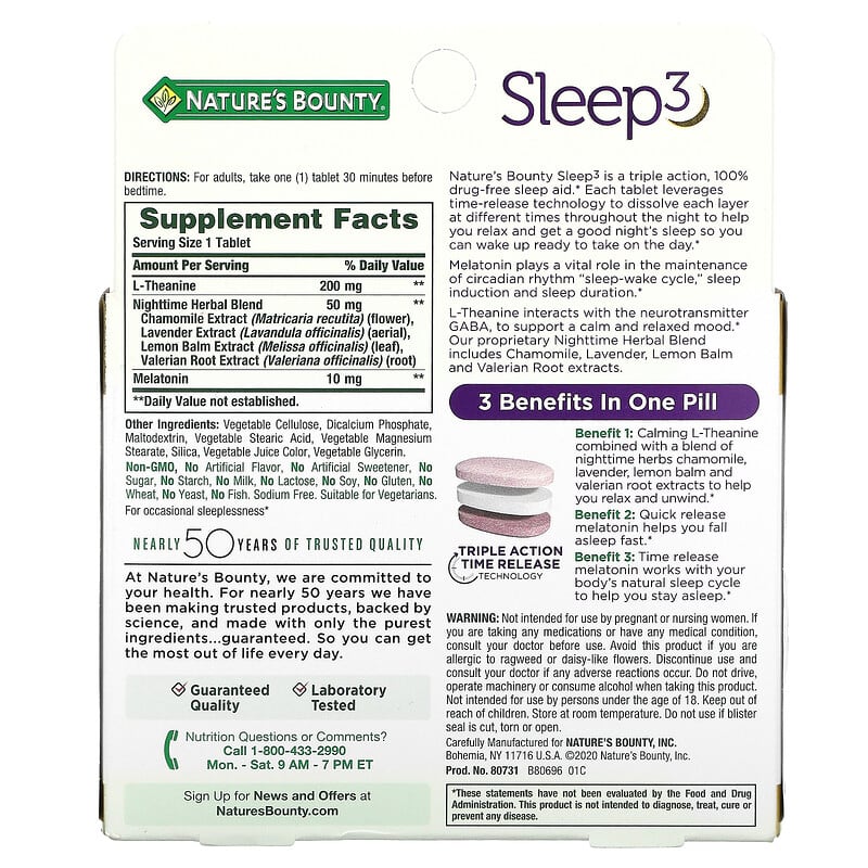Nature's Bounty, Sleep 3, Maximum Strength, Drug-Free Sleep Aid, 30 Tri-Layered Tablets 74312005251