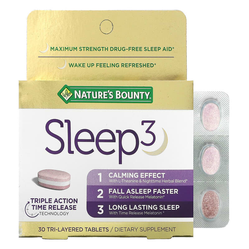Nature's Bounty Sleep 3 Maximum Strength Drug-Free Sleep Aid 30 Tri-Layered Tablets 74312005251