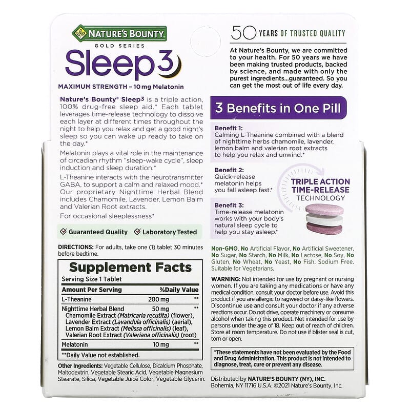 Nature's Bounty, Sleep 3, Maximum Strength, Drug-Free Sleep Aid, 60 Tri-Layered Tablets 74312005268