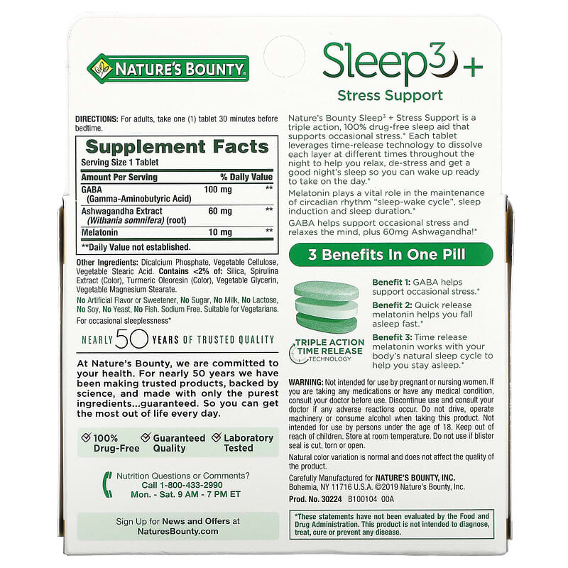 Nature's Bounty, Sleep3+, Stress Support, 56 Tri-Layer Tablets 74312006968