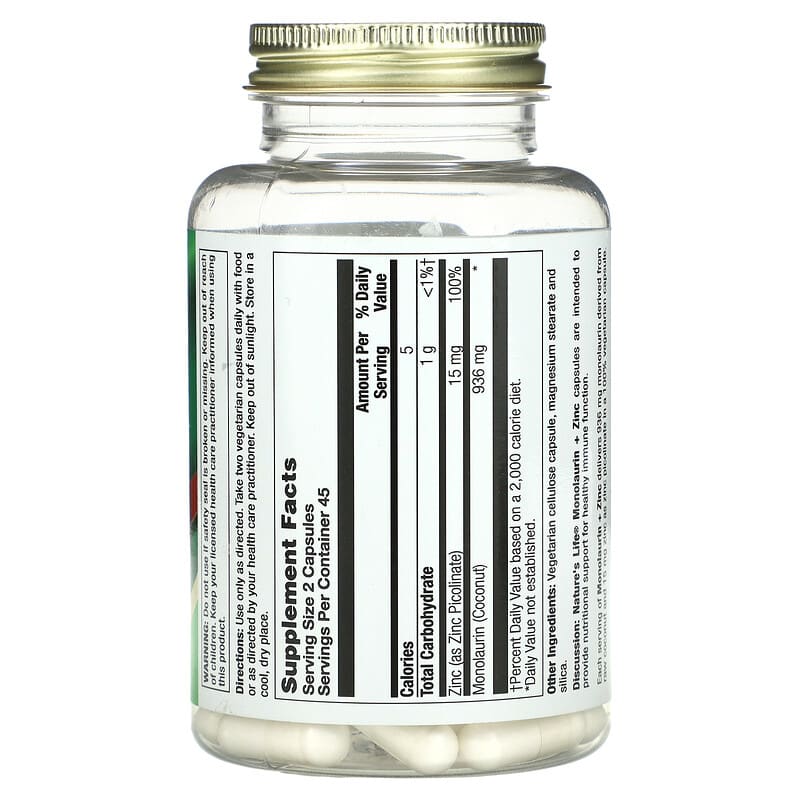 Nature's Life, Monolaurin + Zinc, 90 Vegetarian Capsules 10043361624