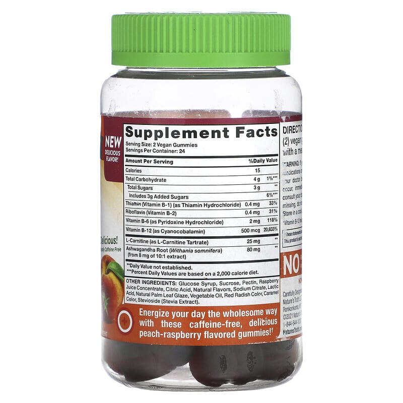Nature's Truth, B-12 Energy + Ashwagandha Gummies, Natural Peach Raspberry, 48 Vegan Gummies 840093115140