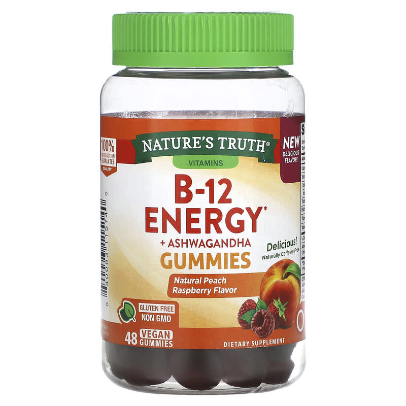 Nature's Truth B-12 Energy + Ashwagandha Gummies Natural Peach Raspberry 48 Vegan Gummies 840093115140