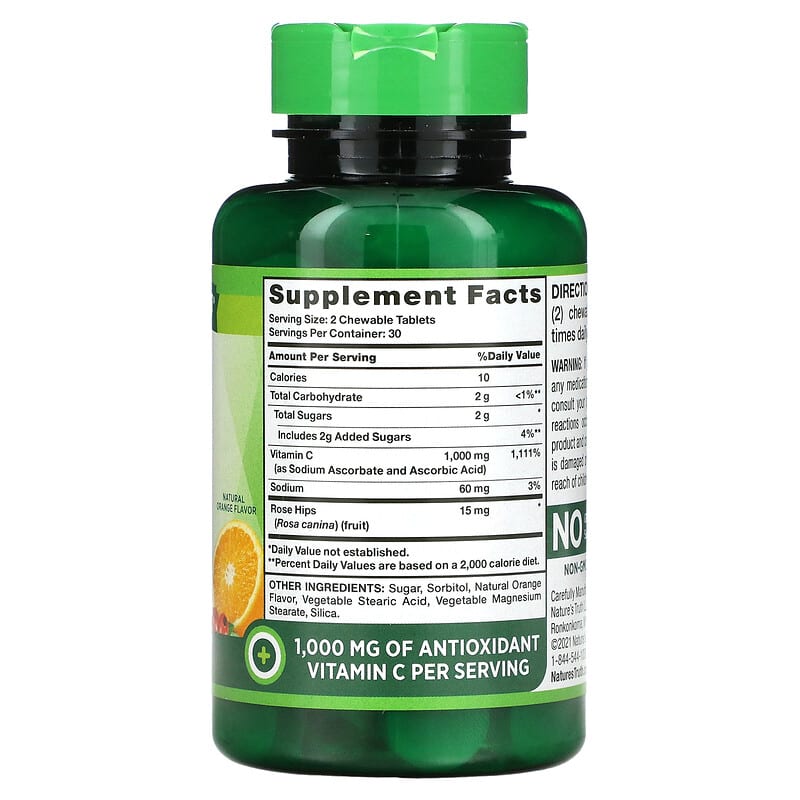 Nature's Truth, Chewable Vitamin C Plus Wild Rose Hips, Natural Orange, 500 mg, 60 Chewable Tablets 840093101686
