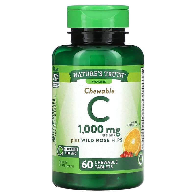 Nature's Truth Chewable Vitamin C Plus Wild Rose Hips Natural Orange 500 mg 60 Chewable Tablets 840093101686