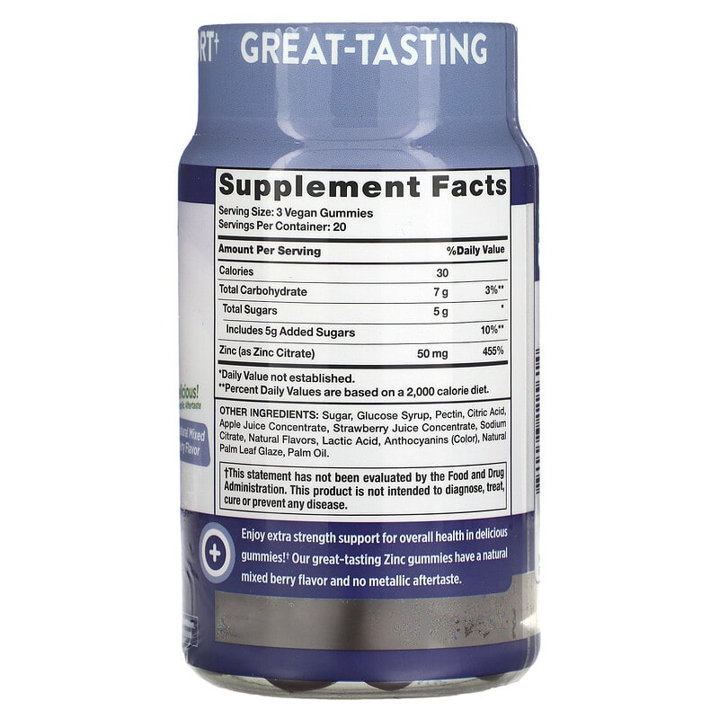 Nature's Truth, Extra Strength Zinc, Natural Mixed Berry, 50 mg, 60 Vegan Gummies 840093115614