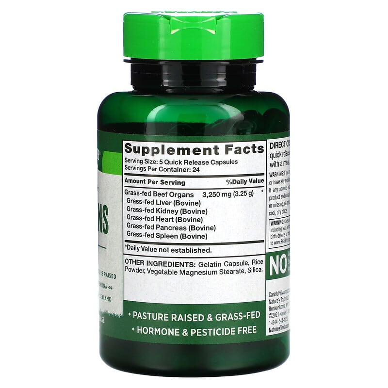 Nature's Truth, Grass-Fed Beef Organs, 650 mg, 120 Quick Release Capsules 840093116659