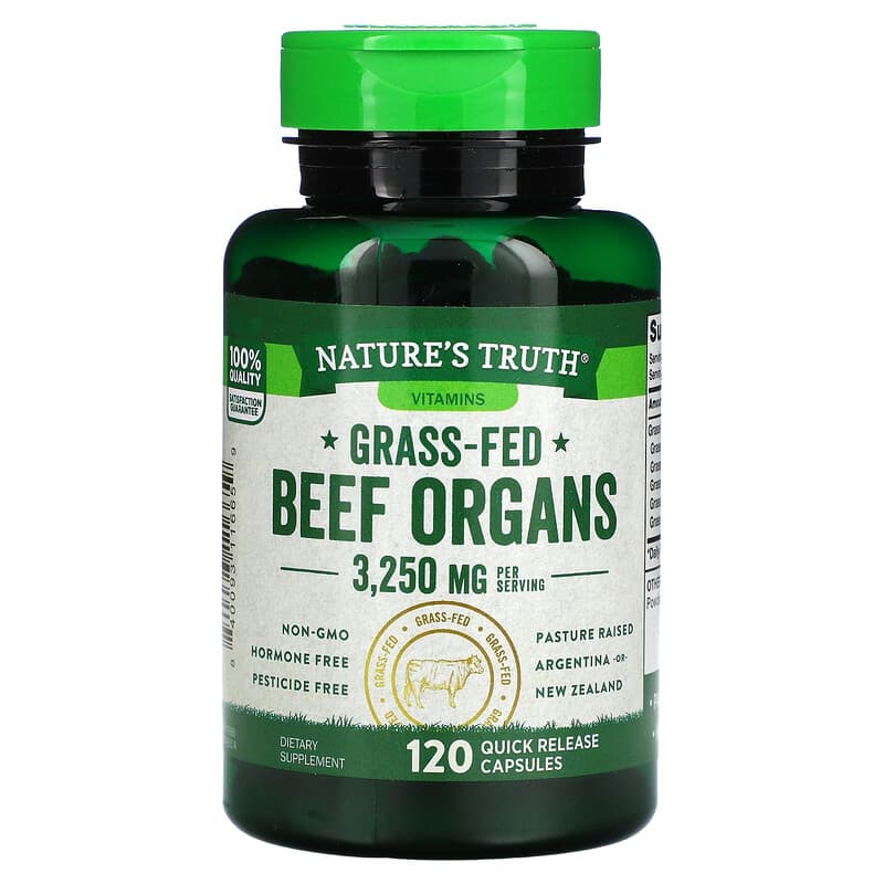 Nature's Truth Grass-Fed Beef Organs 650 mg 120 Quick Release Capsules 840093116659