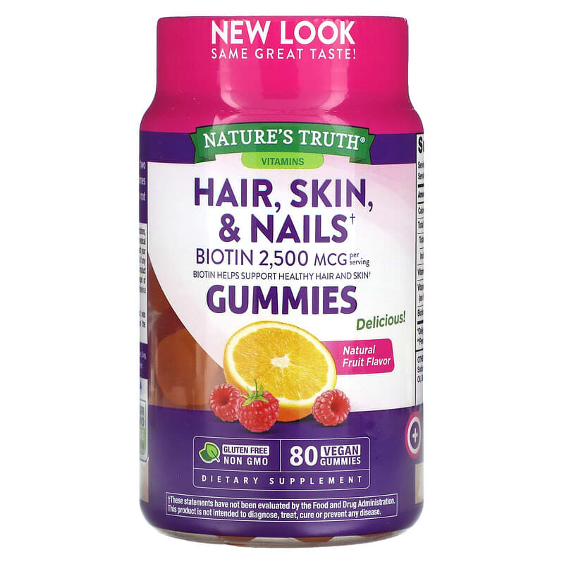 Nature's Truth Hair Skin & Nails Natural Fruit 1,250 mcg 80 Vegan Gummies 840093102232
