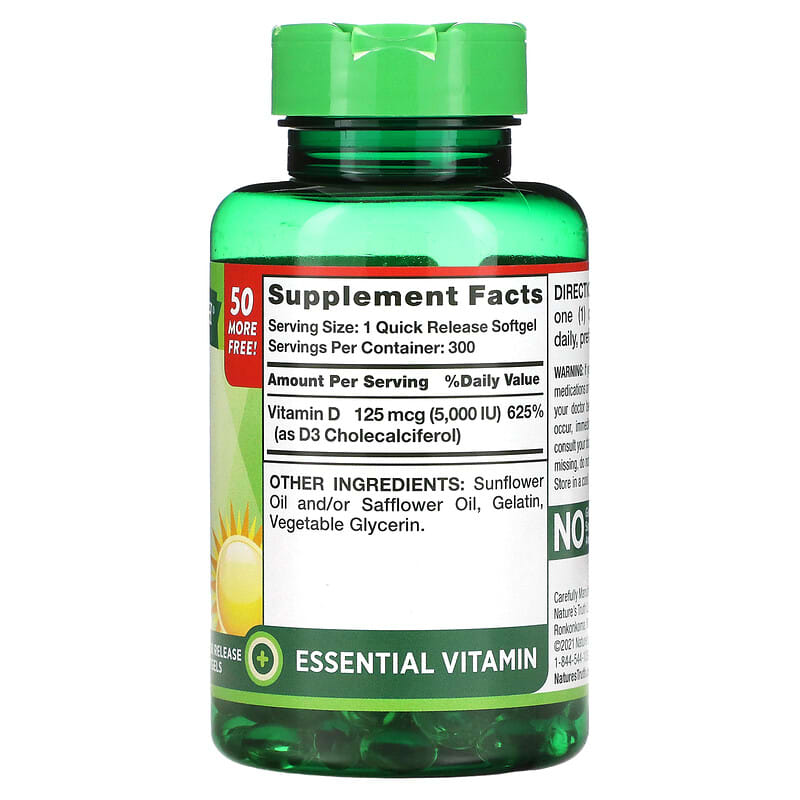 Nature's Truth, High Potency Vitamin D3, 125 mcg (5000 IU), 300 Quick Release Softgels 840093111685