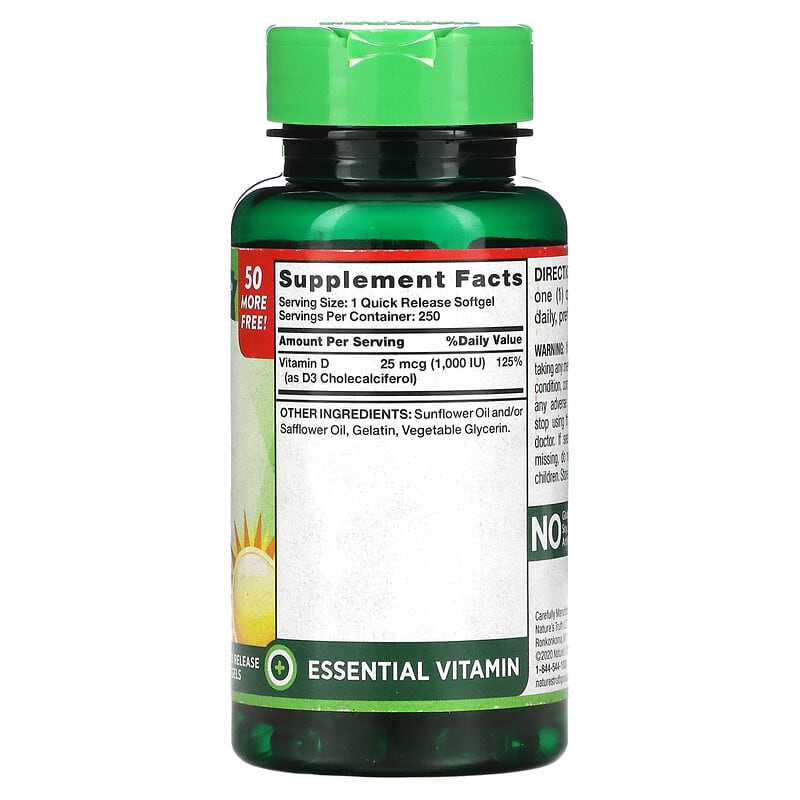 Nature's Truth, High Potency Vitamin D3, 25 mcg (1,000 IU), 250 Quick Release Softgels 840093105318