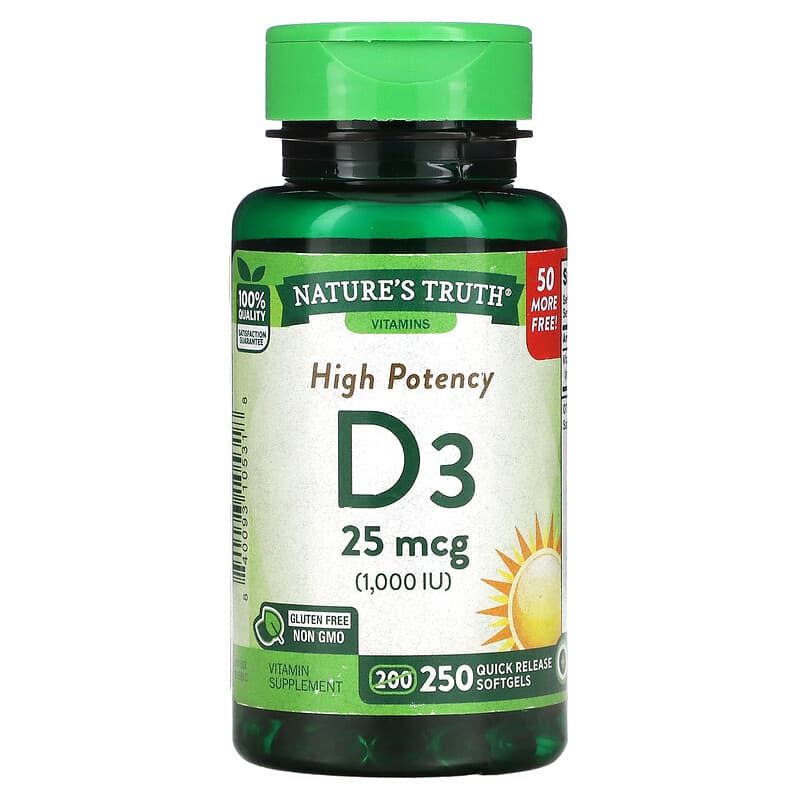 Nature's Truth High Potency Vitamin D3 25 mcg (1,000 IU) 250 Quick Release Softgels 840093105318