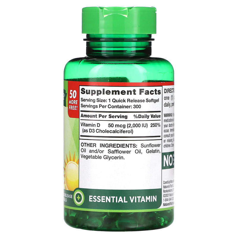 Nature's Truth, High Potency Vitamin D3, 50 mcg (2,000 IU), 300 Quick Release Softgels 840093103734