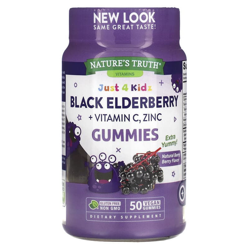 Nature's Truth Just 4 Kids Black Elderberry + Vitamin C Zinc Natural Berry Berry 50 Vegan Gummies 840093115157