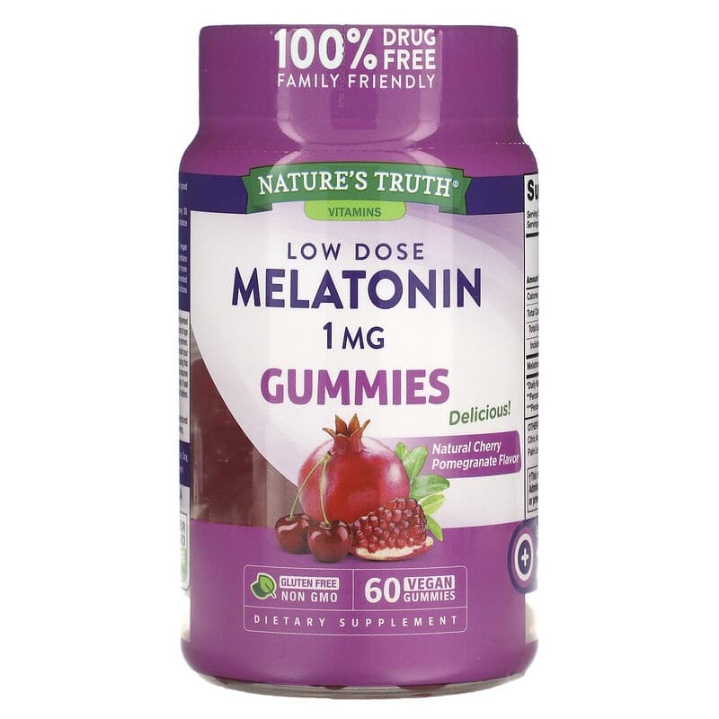 Nature's Truth Low Dose Melatonin Natural Cherry Pomegranate 1 mg 60 Vegan Gummies 840093116567
