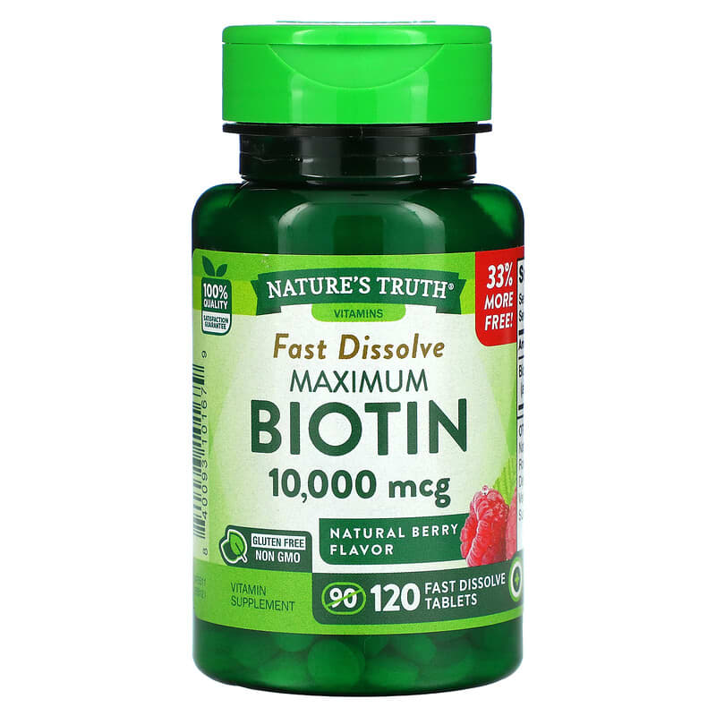 Nature's Truth Maximum Biotin Natural Berry 10,000 mcg 120 Fast Dissolve Tablets 840093101679