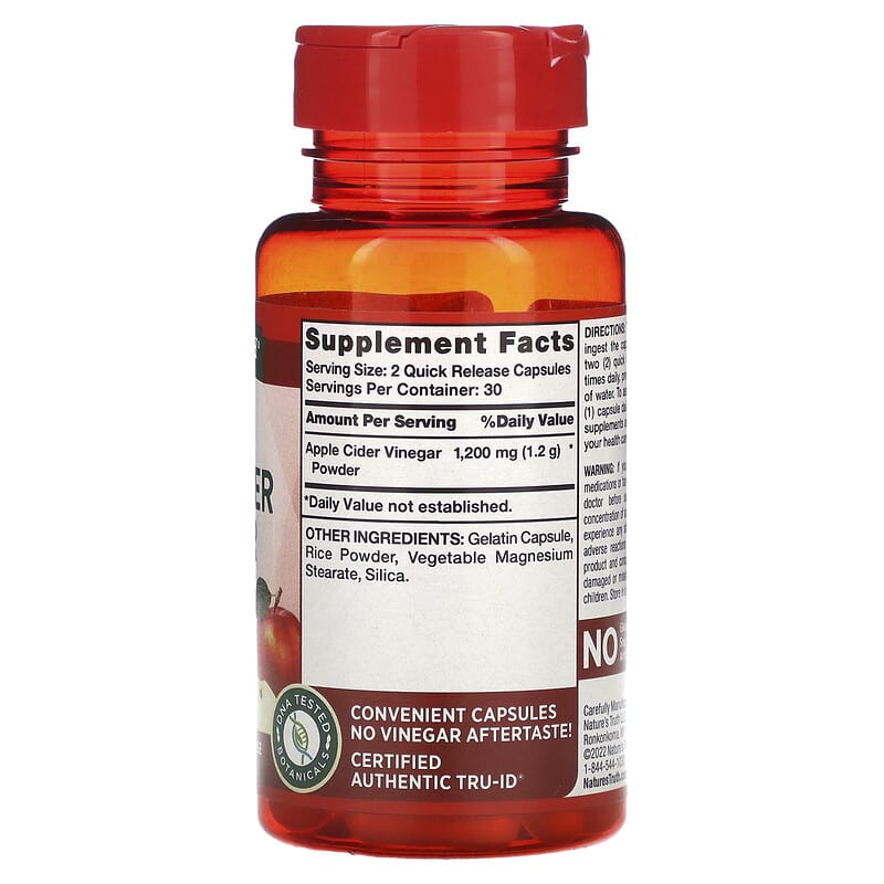 Nature's Truth, Triple Strength Apple Cider Vinegar, 600 mg, 60 Quick Release Capsules 840093102003