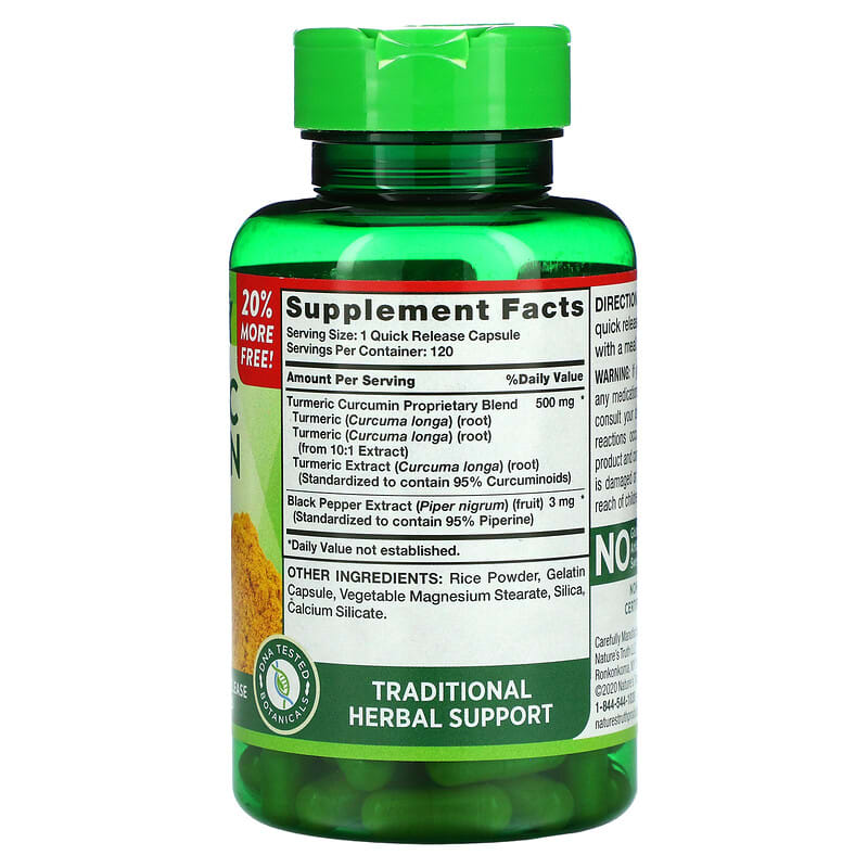 Nature's Truth, Turmeric Curcumin Complex Plus Black Pepper Extract, 500 mg, 120 Quick Release Capsules 840093102089