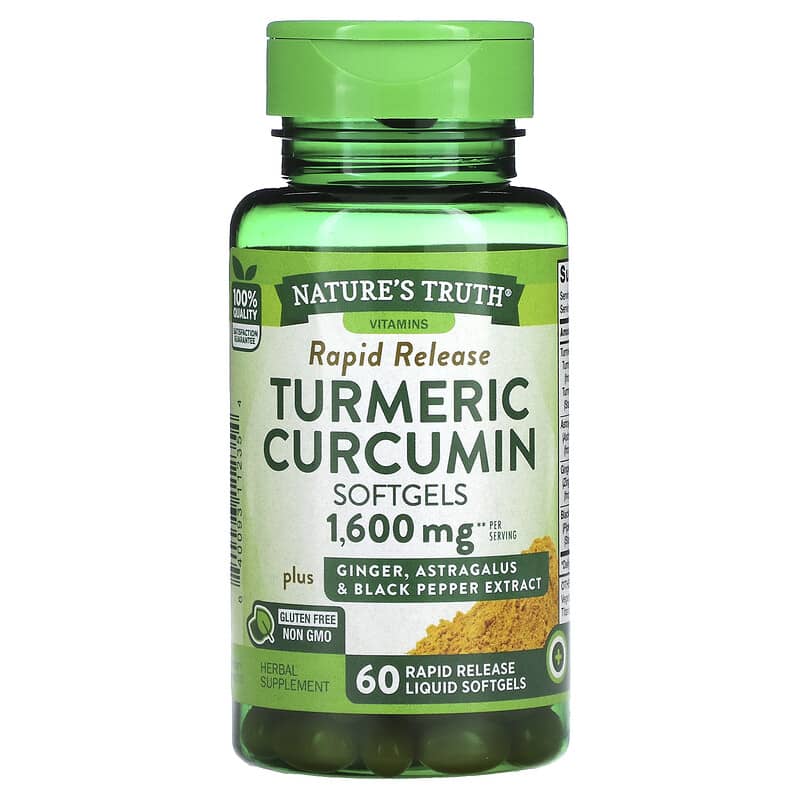 Nature's Truth, Turmeric Curcumin plus Ginger, Astragalus and Black Pepper Extract, 800 mg, 60 Rapid Release Liquid Softgels 840093112354