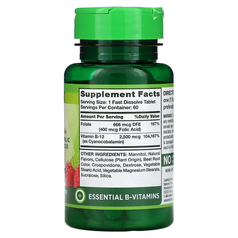 Nature's Truth, Vitamin B-12 plus Folic Acid, Natural Berry, 2,500 mcg, 60  Fast Dissolve Tablets 840093101778