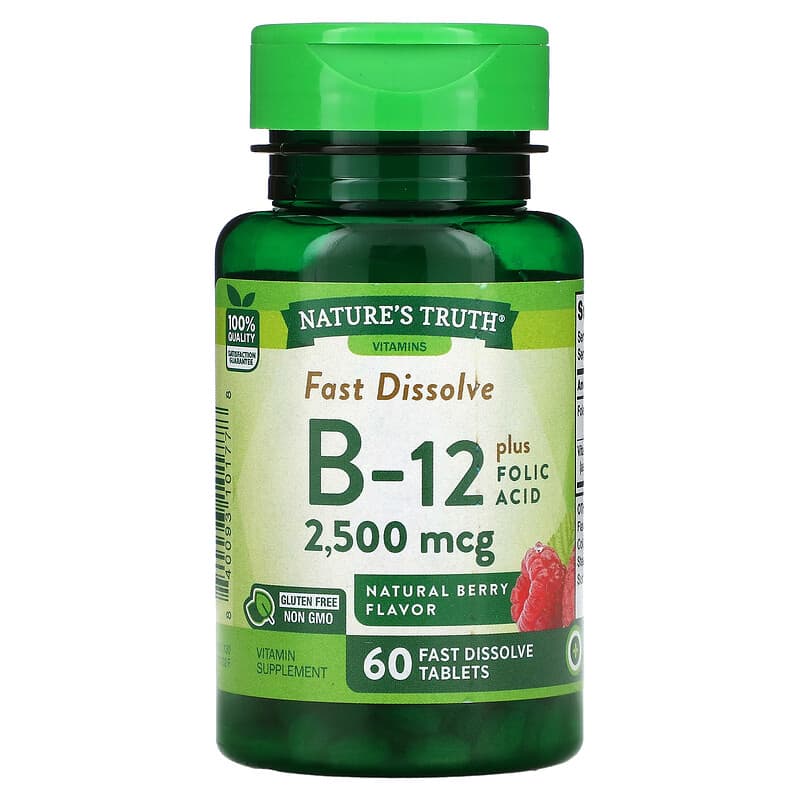 Nature's Truth Vitamin B-12 plus Folic Acid Natural Berry 2,500 mcg 60 Fast Dissolve Tablets 840093101778
