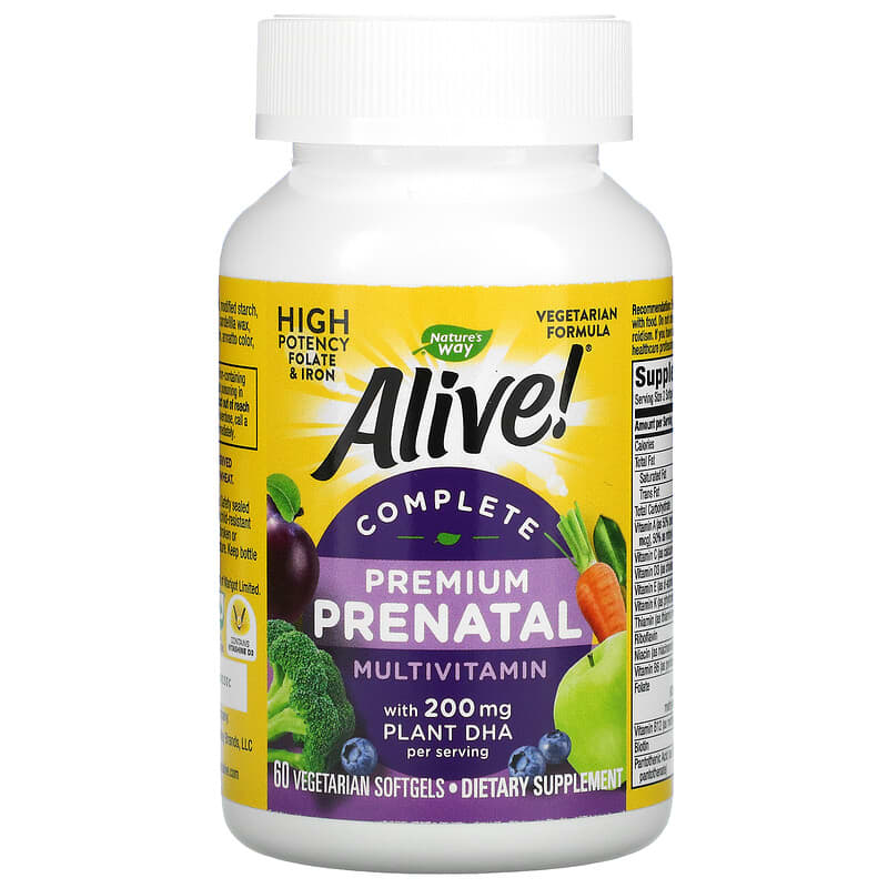 Nature's Way, Alive! Complete Premium Prenatal Multivitamin, 200 mg, 60 Vegetarian Softgels 33674112090