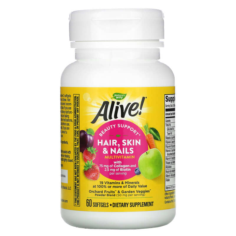 Nature's Way, Alive! Hair, Skin & Nails Multi-Vitamin, Strawberry, 60 Softgels 33674110942