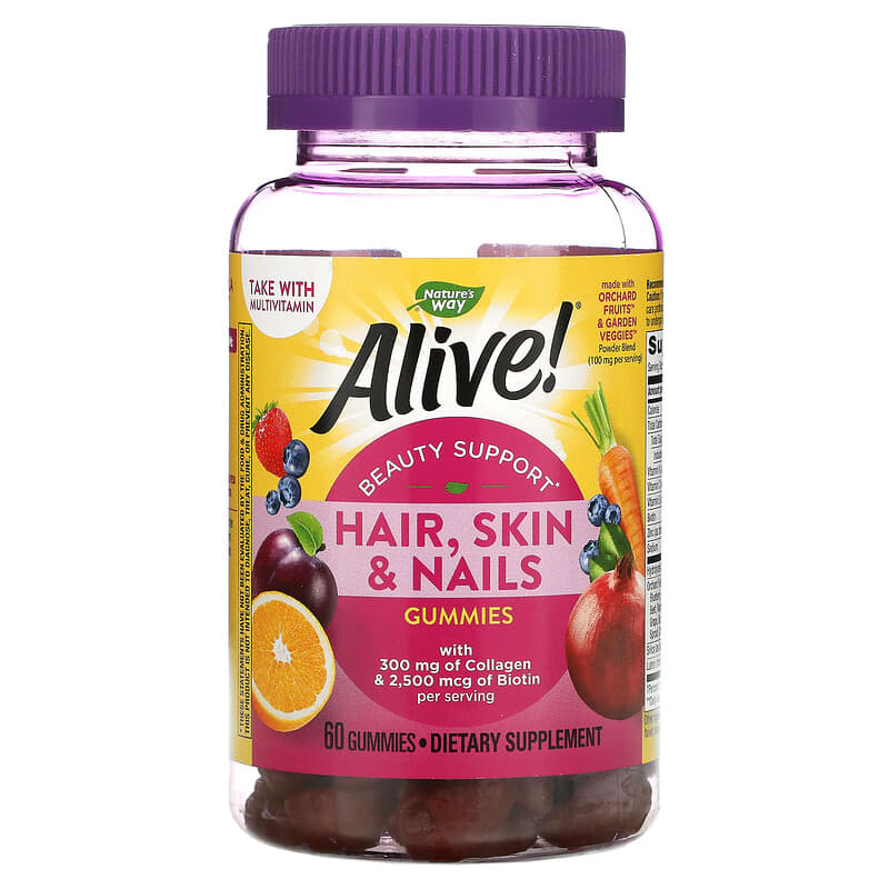 Nature's Way Alive! Hair Skin & Nails with Collagen & Biotin Strawberry 60 Gummies 33674119730