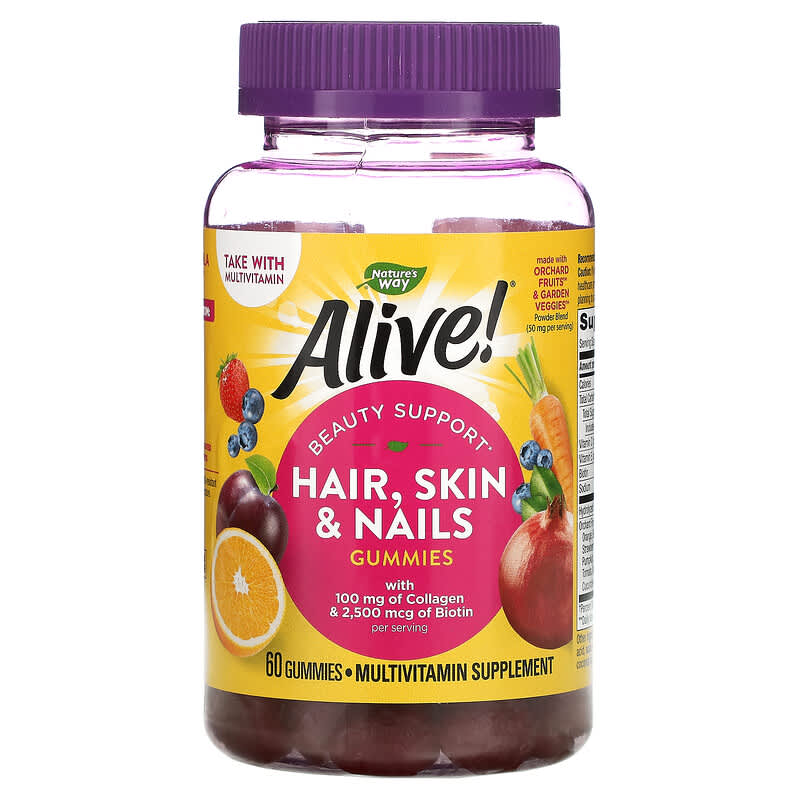 Nature's Way Alive! Hair Skin & Nails with Collagen & Biotin Strawberry 60 Gummies 33674115343