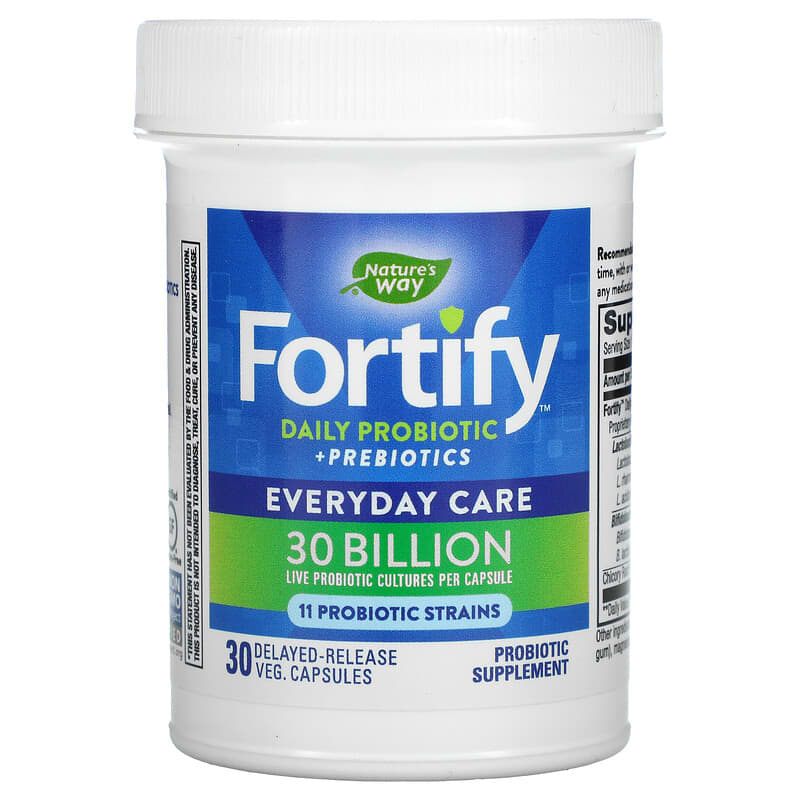 Nature's Way, Fortify, Daily Probiotic + Prebiotics, Everyday Care, 30 Billion CFU, 30 Delayed-Release Veg Capsules 33674102947